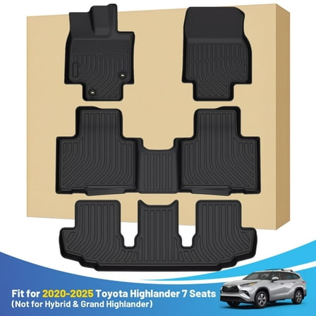 Car Mats Replacement for Floor Liners Toyota Highlander 7 Seats 2020-2025 (Not for Hybrid) Heavy Duty All Weather Guard Black Front Rear Car Carpet Custom Fit Durable Odorless