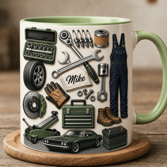 Car Mechanic Mug Personalized Accent Mug, Mechanic Gift for Dad, Husband, Boyfriend or Mike 2D flat not 3D, Accent Mug, Father Days Gift, Gif For Dad, Mug For Daddy