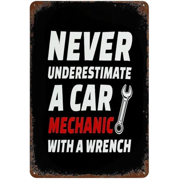Car Mechanic With Wrench Vintage Metal Tin Sign, 8 x 12 Inch Wall Decor Plaque for Garage Auto Shop