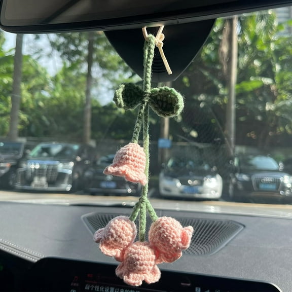 Car Mirror Hanging Accessories Bellflower Handmade Knitted Car Pendant,Cute Car Decorations for Women Crochet Rearview Mirror Accessories,for Decoration Pendant,Car Accessories Pendant (Pink)
