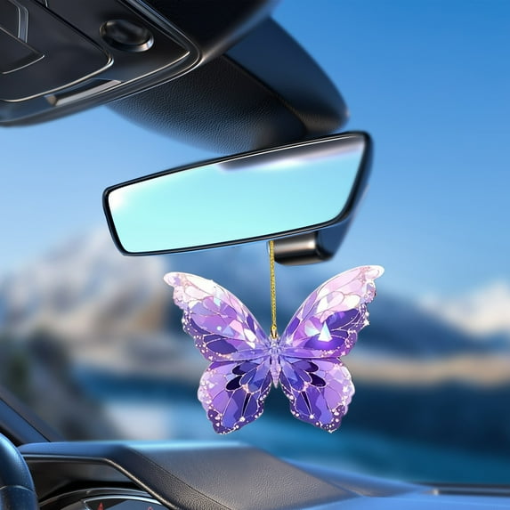 Car Mirror Hanging Accessories, Butterfly Diamond Car Accessories, Car Decorations Interior, Crystal Ornament Pendant Decor for All Cars(Purple)