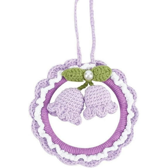 Car Mirror Hanging Accessories Cute Crochet Lily of The Valley Purple Flower Pendant with Round Frame Handmade Knitted Bellflower Car Decoration with Lanyard for Key Chain Tree Decor