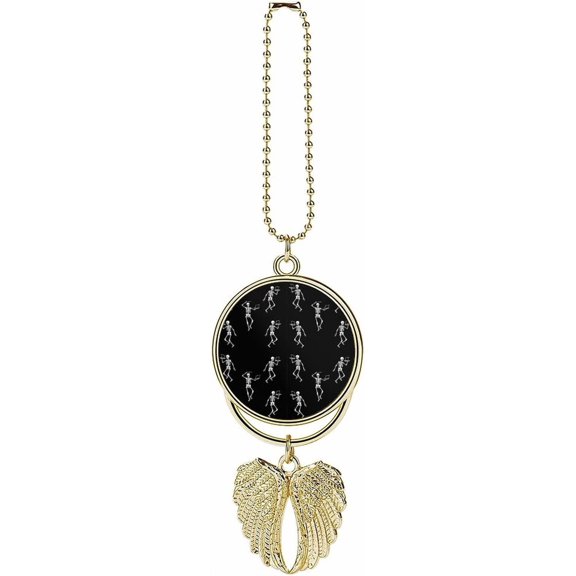 Car Mirror Hanging Accessories Double Photo Hanging Ornament Angel Wings Charm Engraving Picture Frame Pendant for Rear View Mirror, Wall, Window, Halloween Funny Skeleton Skull Black and White