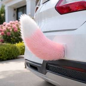 Car Mod Part, 12 Inch Moving Motorized Sound Operated Plush Tail, Two Tone Pink White Faux Fox Furry Tail, Tail Accessory, Remote Controlled Wiggling Tail That Mounts to Vehicle