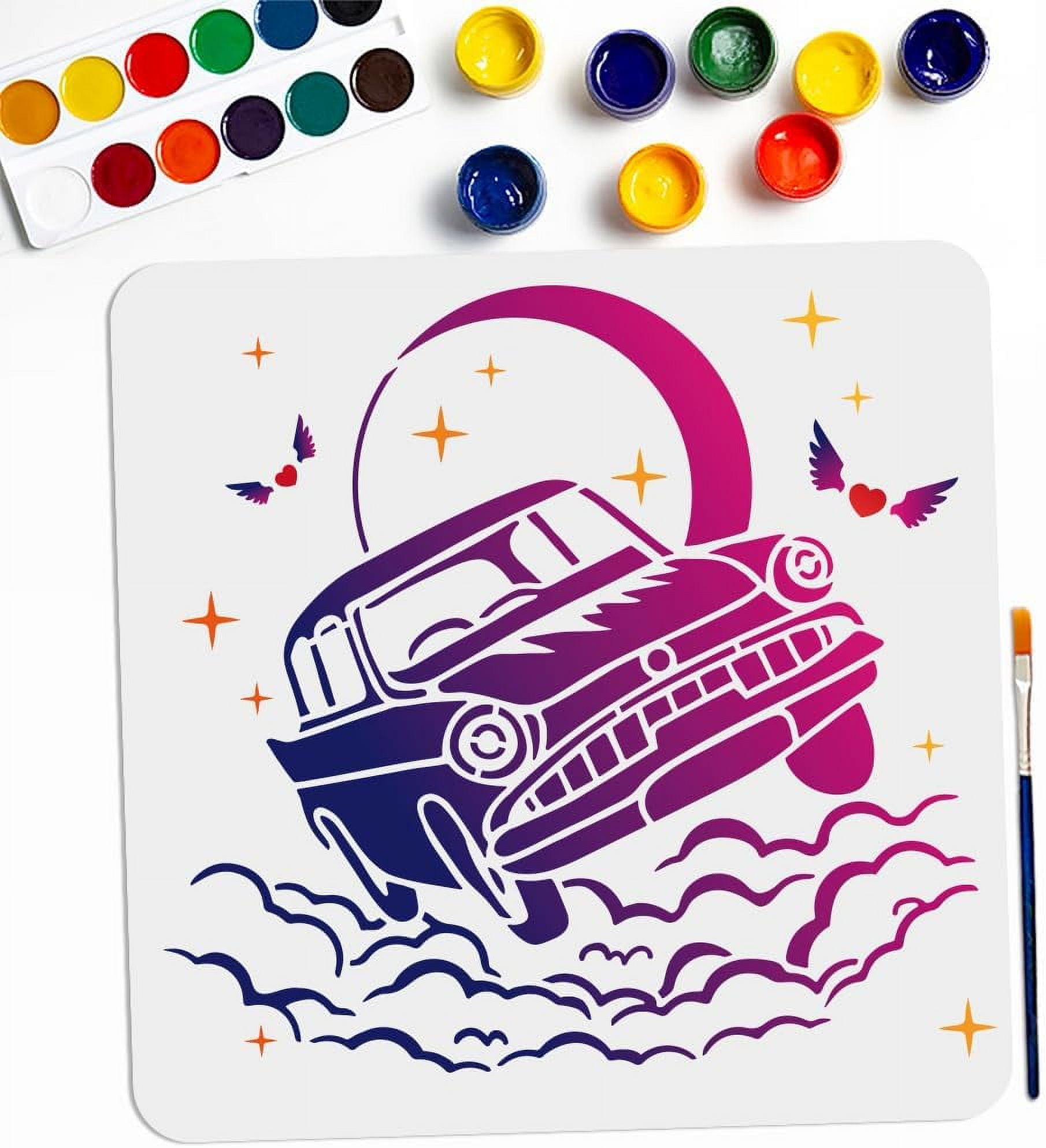 Car Moon Clouds Stencils 11.8×11.8inch Large Sky Space Retro Car ...