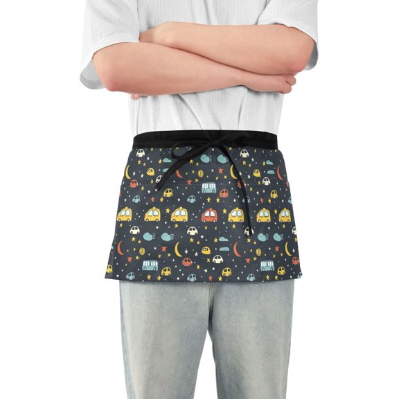 Car Moon Star Cloud Server Apron with 3 Pockets Waterproof Waitress Waist Short Apron for Man Woman 12 Inches