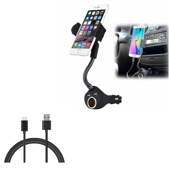 Car Mount Charger Socket Holder 2-Port USB Dock w 6ft Long Type-C Cable USB Wire D1Y Compatible With Alcatel 7, Idol 5S 5 4S - ASUS Zenfone V Live, ROG Phone, AR 5z 4 Pro - Blackberry Key2 LE