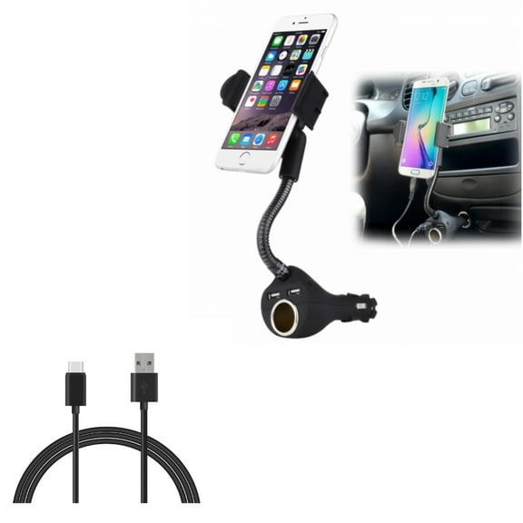 Car Mount Charger Socket Holder 2-Port USB Dock w 6ft Long Type-C Cable USB Wire R2P Compatible With Kyocera DuraForce Pro 2 - LG V20, G6, V30, G5, V50 ThinQ R2P, V40 ThinQ, V35 ThinQ, Q7 Plus