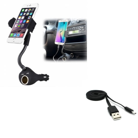 Car Mount Charger Socket Holder 2-Port USB w 3ft Flat Micro USB Cable Power Cord E2Z Compatible With Alcatel REVVL, Tru, Dawn, Jitterbug Smart2 Smart, A30 Plus, 2, Pop 3, Fierce 4, 1x Evolve