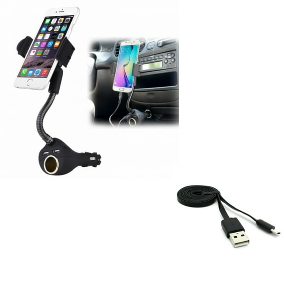 Car Mount Charger Socket Holder 2-Port USB w 3ft Flat Micro USB Cable Power Cord L9Q Compatible With Samsung Galaxy S7 S6 S5, On5 J7 Sky Pro, V (2017), Grand Prime, Perx, Edge Edge+ Active