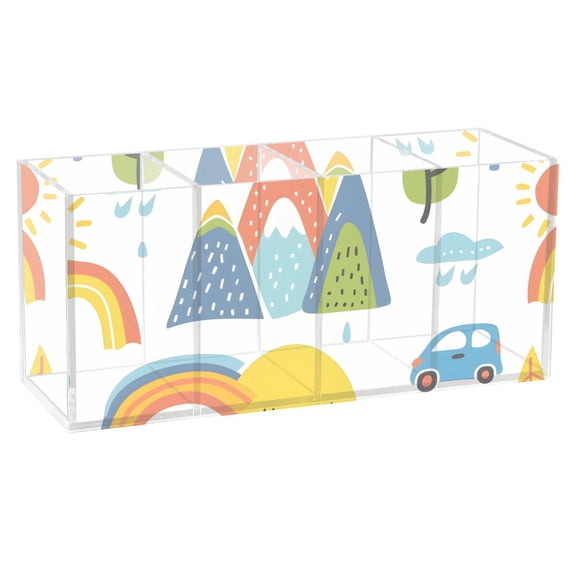 Car Mountain Sun Tree Rainbow Acrylic Pencil Pen Holder Cup 4 Compartments Desktop Organiser 7.87"x2.78"x3.54"