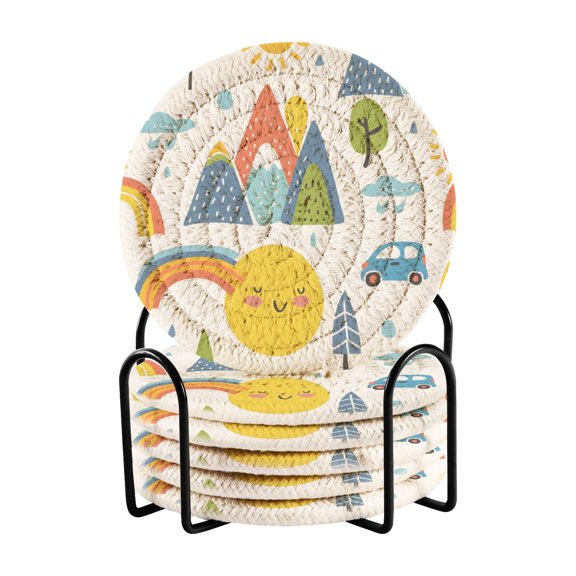 Car Mountain Sun Tree Rainbow Coasters with Holder for Coffee Table 6 Pcs Drink Coaster Sets Absorbent for Home Decor 4 inch