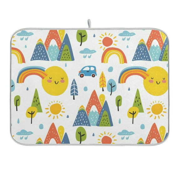 Car Mountain Sun Tree Rainbow Dish Drying Mat 16x18 Absorbent Microfiber Draining Rack Pad for Kitchen Counter Sink