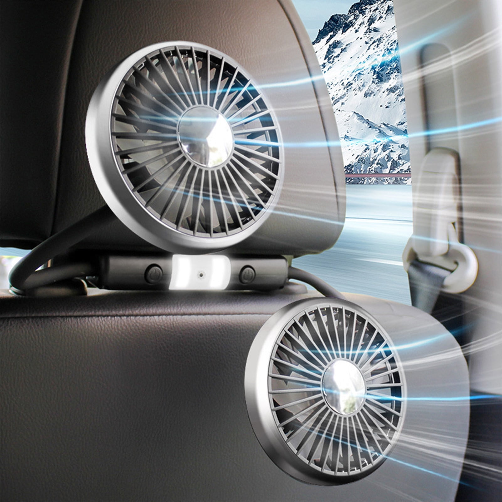 Car Mounted Dual Head Hose Fan with Adjustable Lighting and Type-C USB Power, Quiet Brushless Motor Strong Wind Cooling for Back Seat Headrest Multi Scene Vehicle and Home Use