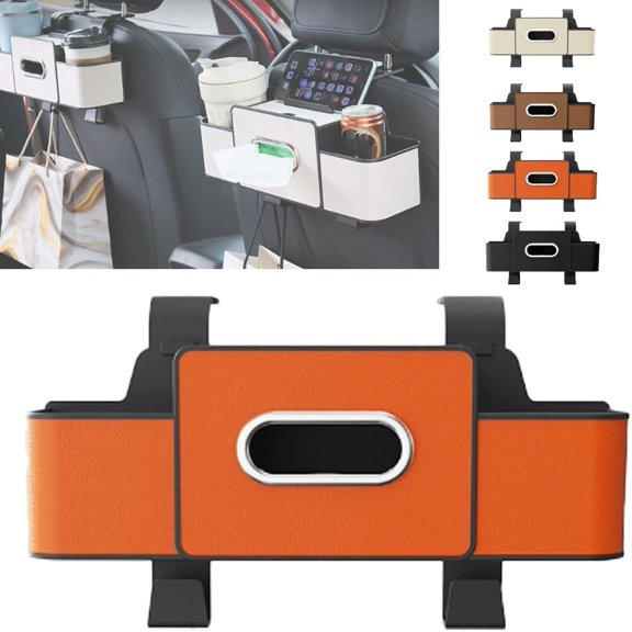 Car Multifunctional Seat Back Waterproof Storage Bag, Car Organizers with Cup Holders, Vehicle Seat Back Hanging Storage Box with Tissue Holder and Hooks, Universal Backrest Organizer Boxes(Orange)