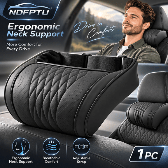 Car Neck Pillow for Driving, Ergonomic Car Headrest Pillow with Adjustable Strap, Contoured Neck Support Cushion with Quilted Perforated Cover, Car Seat Accessories for Cars SUVs and Trucks