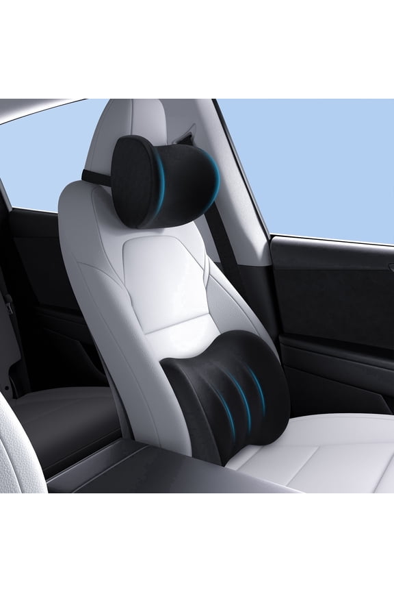 Car Neck Pillow and Lumbar Support Pillow for Car Kit [Ergonomic Design, Pressure Relief] Soft Car Headrest Pillow Back Cushion with Adjustable Strap, Fits All Vehicles (Black)