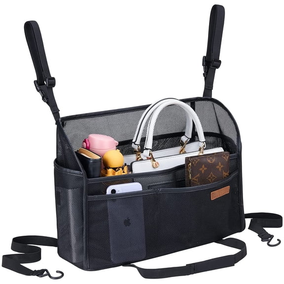 Car Net Pocket Handbag Holder, Between Seats Storage Organizer & Purse Holder for Console, Pet/Kids Barrier, Universal Fit