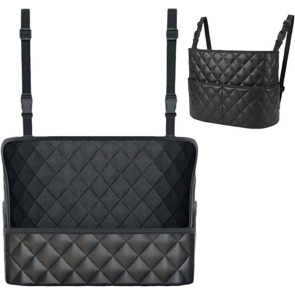 Car Net Pocket Handbag Holder,Leather Automotive Bag for Console Front Seat Storage Organizer Purse Holder Between Seats with Universal Large Capacity Car Accessories for Most Vehicles (Black)