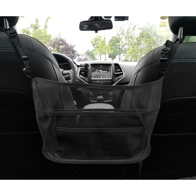 Car Net Pocket for Purses & Bags - Front Seat Mesh Organizer, Driver Storage Netting Pouch, Handbag Holder Attaches to Headrest(Update Black)