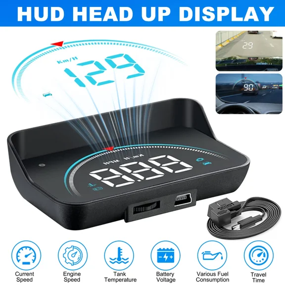 Car OBD2 HUD Head Up Display Gauge Speedometer MPH KMH RPM Warning Alarm Meter