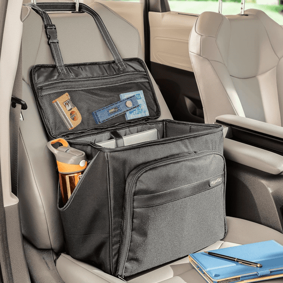 Car Office Organizer - Front Seat Organizer with Desk Supplies Compartment, Laptop Sleeve, 2 Bottle Holders, Storage Cover and Padded Shoulder Strap for Cars, Trucks and Patrol Vehicles