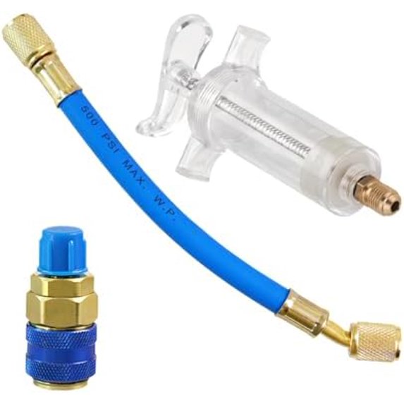 Car Oil and Dye Injector Kit with Quick Coupler, 30ml/1 Oz Hand Push Vehicle Compressor with 1/4 SAE Connector, Manual Auto AC Oil Dye Filler Refrigerant Tool, Universal for Most Cars