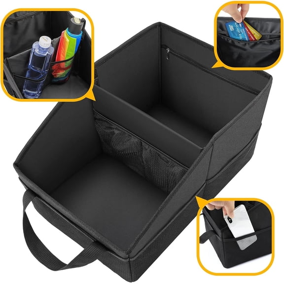 PLERISE Car Organizer with Dividers, Handles, and Mesh Pockets for Front and Back Seat or Floor (Black)