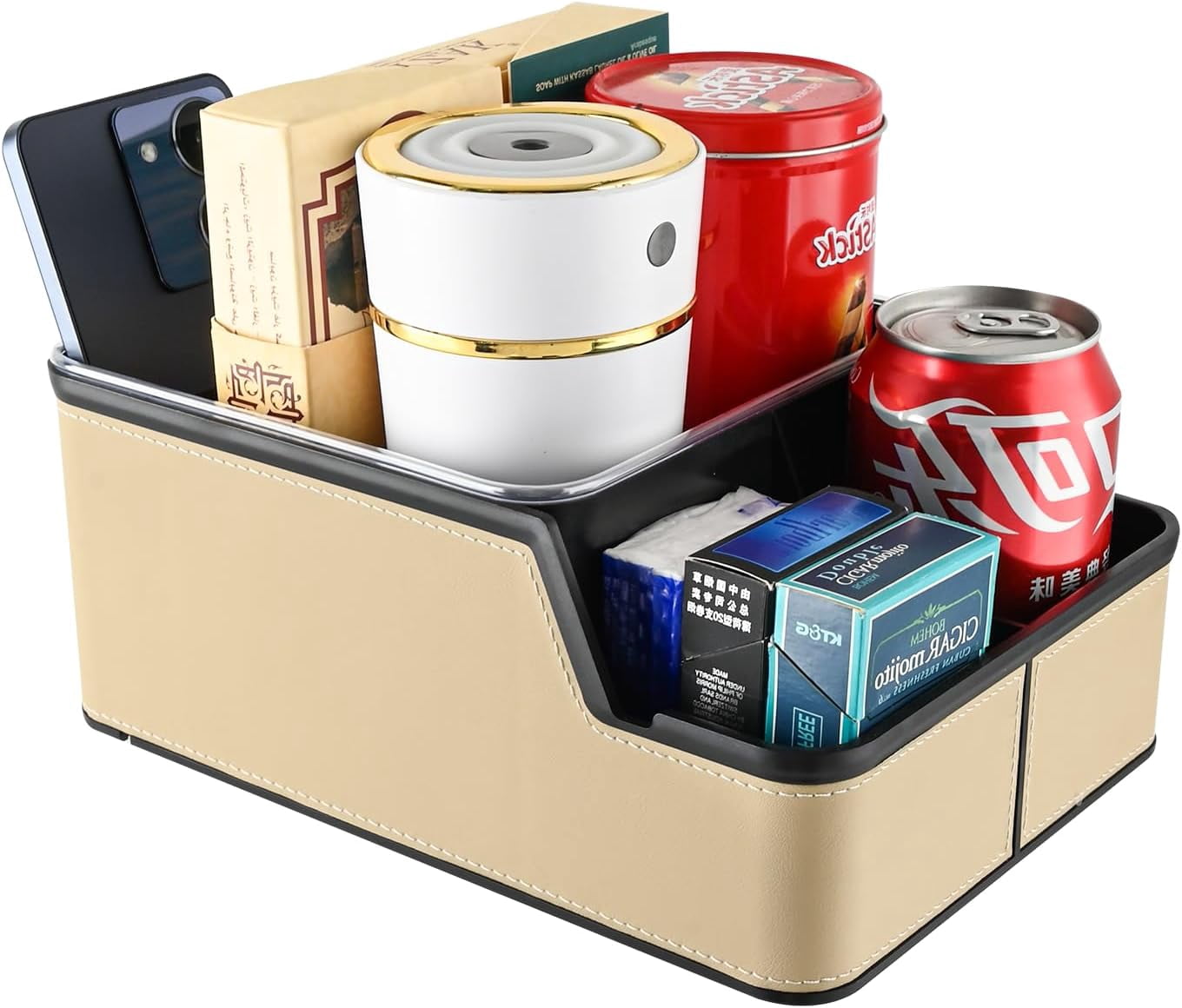 Car Organizer Between Back Seat,Car Armrest Storage Box with Compartment,Multifunctional Front Seat Organizer,Center Console Cup Holder Tray,Car Non-slip Mat(Beige)