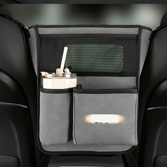 Car Organizer Bag Between Front Seats Suede Leather Mesh Storage for Purse Handbag Tissue Tablet Magazine Barrier Easy Install Front Seat Console Net for Clean Interior