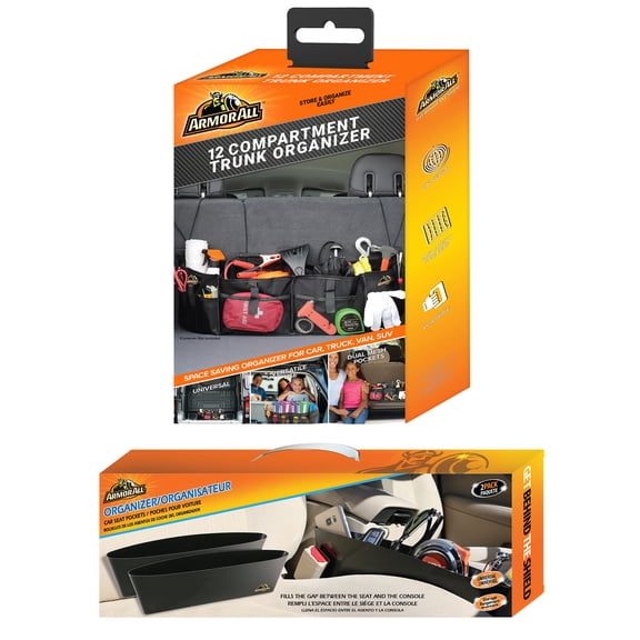 Car Organizer Bundle: 12 Compartment Trunk Organizer + 2-In-1 Seat Organizer, Xtreme Easy Assembly