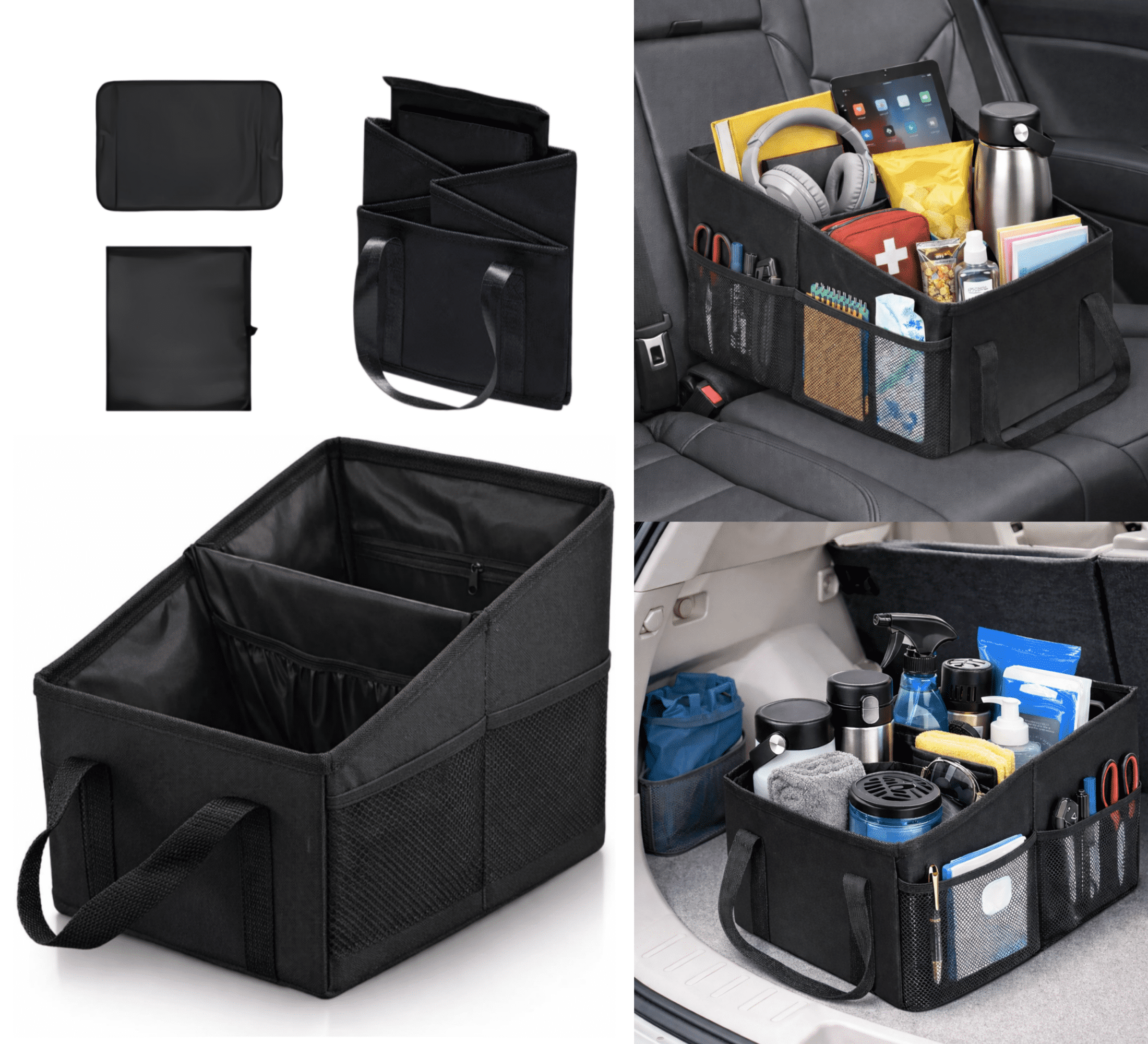 Car Organizer with Divider and Mesh Pockets, Collapsible Backseat