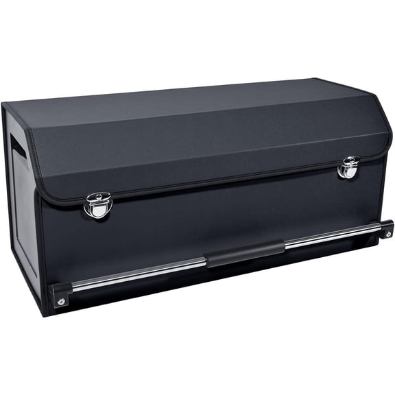 Car Organizer Trunk, Durable Collapsible Leather Trunk Organizer with Lid and Sturdy Handle, Auto Cargo Storage Compartments, SUV/Car Accessories for Men/Women (11.4 x 27 x 12.2, Black)