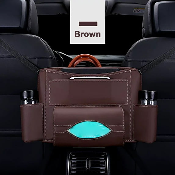 Car Organizers and Storage, Leather Car Storage Pocket Between Seats Back Seat Hanging Bag Car Purse Holder Large Capacity Automotive Consoles and Organizers (Coffee)
