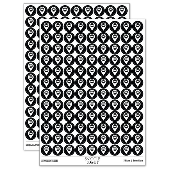 Car Parking Map Location Icon 200+ Round Stickers - Black - Gloss Finish - 0.50" Size