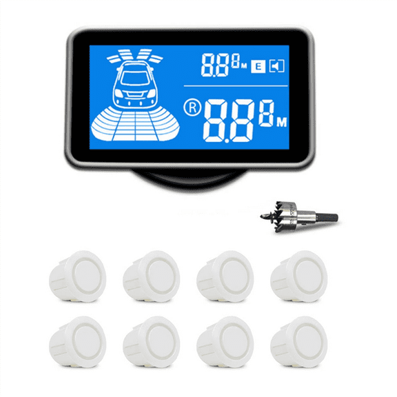 Car Parking Radar System with 8 Reverse Sensors Buzzer Warning Distance Detection for Auto Vehicle Garage Safety B,1 x monitor 8 x Reverse Sensors,White
