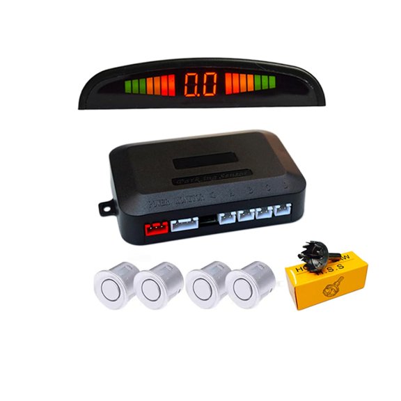 Car Parking sensors,4 Reverse Backup Parking Sensor kit with LED Display, Reverse Gear Audio Buzzer Alarm kit, 2.5m Sensor Wire for Cars Van SUV (Silver)