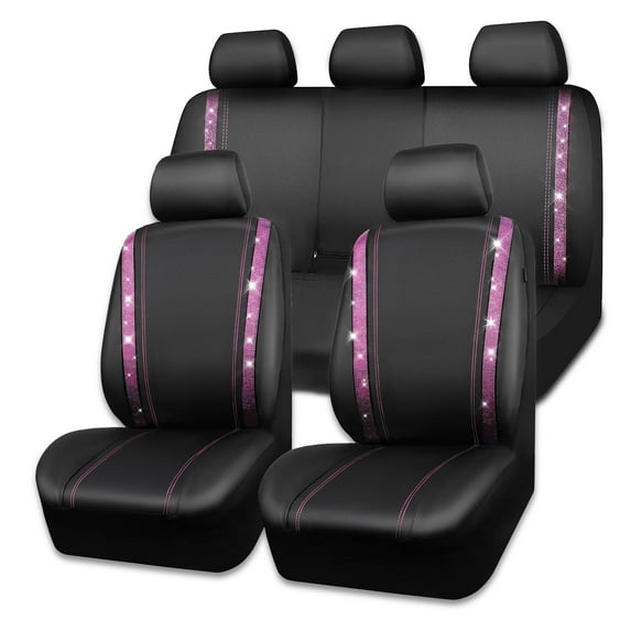 CAR GRAND Bling Leather Car Seat Covers Full Set, Shining Rhinestone Diamond Waterproof Faux Leather, Rear with Zipper, Universal Fit Automotive Glitter Crystal Sparkle Strips Cute Women Girl, pink