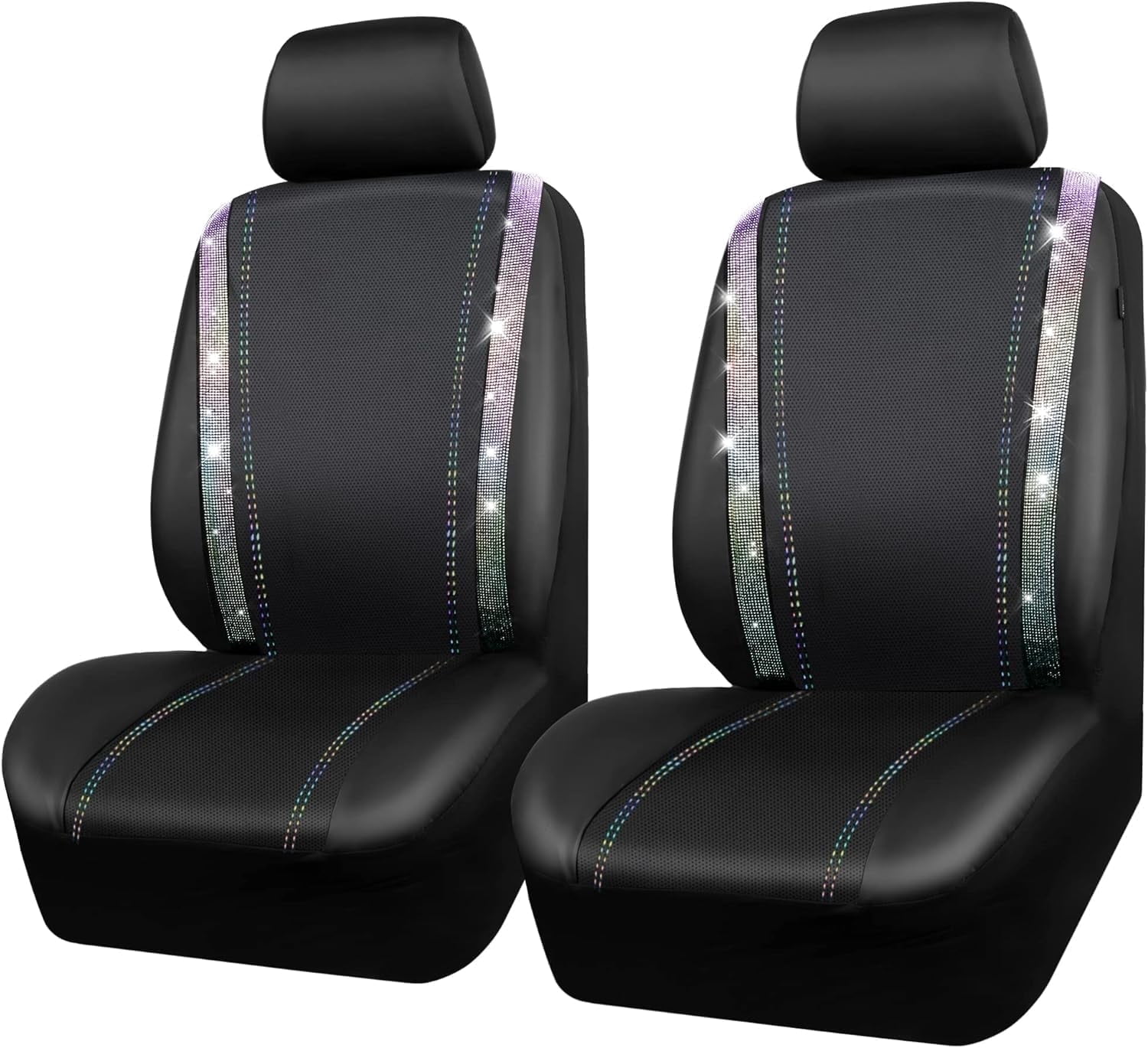 Car GRAND Bling Car Seat Covers Front Pair Shining Rhinestone Diamond Waterproof Faux Leather Universal Fit Automotive Glitter Crystal Sparkle Strips Cute Women Girl Muti Color