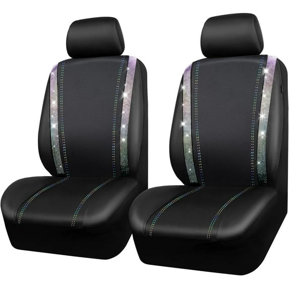 Car GRAND Bling Car Seat Covers Front Pair Shining Rhinestone Diamond Waterproof Faux Leather Universal Fit Automotive Glitter Crystal Sparkle Strips Cute Women Girl Muti Color
