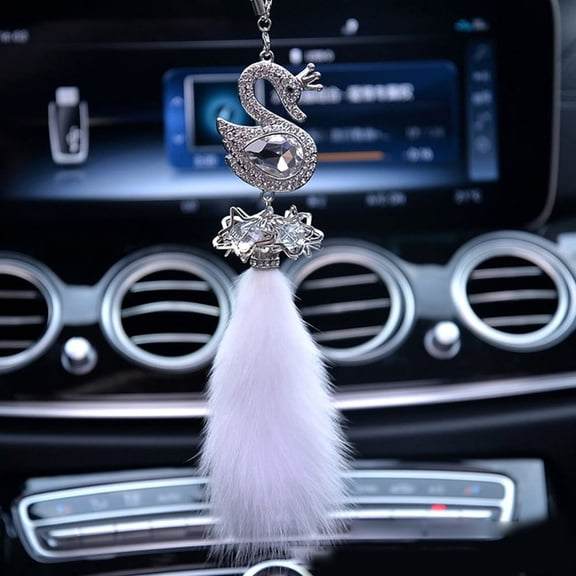 Car Pendant Rhinestone Swan Plush Ball Rear View Mirror Hanging Decor Accessorie
