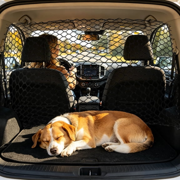Car Pet Barrier Net & Dog Safety Mesh Guard, Heavy Duty Universal Fit Backseat Divider, Car Organizer & Pet Travel Accessory for SUV Trunk Road Trip - 47.2" x 27.6"Black