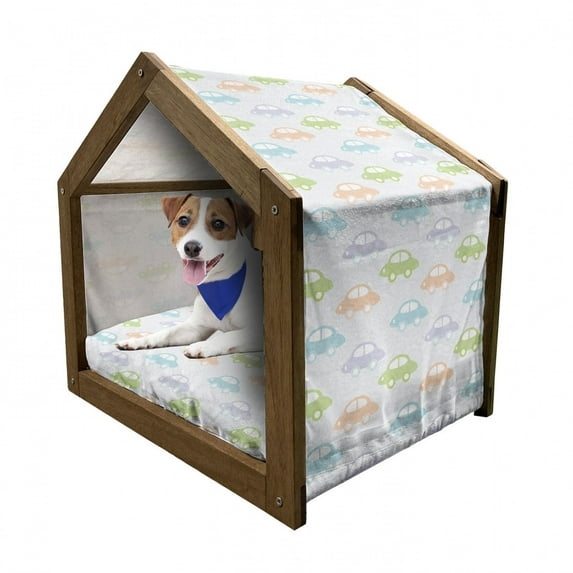 Car Pet House, Cars Pastel Colored Automobiles Boys City Joyful Game Toys Inspired, Outdoor & Indoor Portable Dog Kennel with Pillow and Cover, 5 Sizes, Multicolor, by Ambesonne