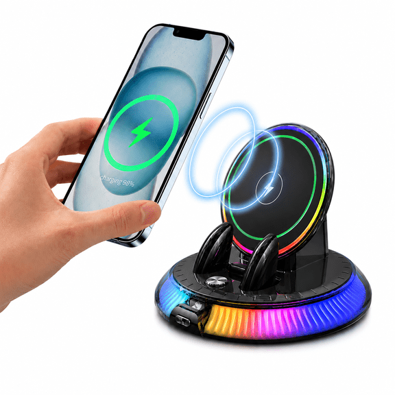 Car Phone Holder, 360 Rotating Wireless Charging with RGB Light