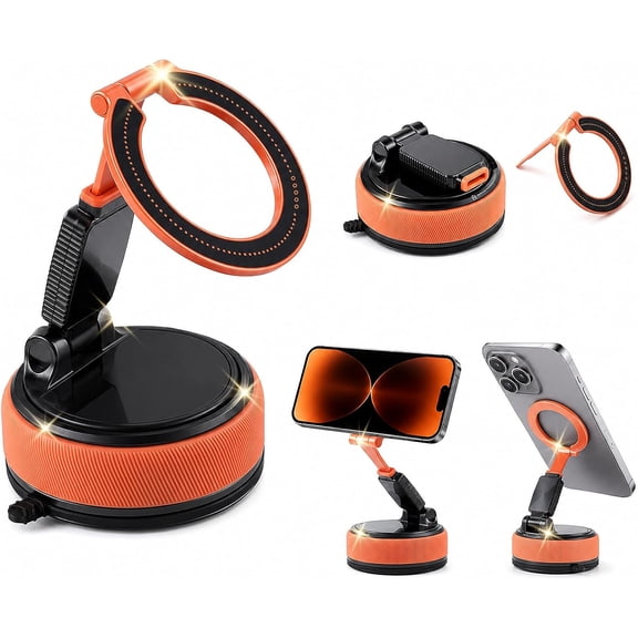 Car Phone Holder - Detachable Alloy Mount for MagSafe,Vacuum Suction Dashboard & Windshield, 360 Adjustable Folding Cell Magnetic Fits All iPhone Android (Orange)