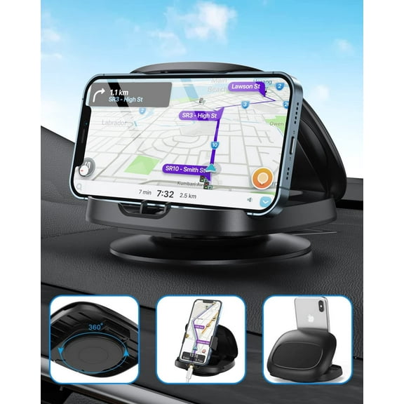 Car Phone Holder, JOYEKY Phone Mount Dashboard with 360 Rotate Base, Horizontal & Vertical - Black