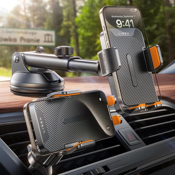 Car Phone Holder Mount, 3 in 1 Dashboard Air Vent Windshield Cell Phone Mount for Car, Adjustable Phone Holders for Your Car Vent Phone Mount for iPhone 16 Pro Max Plus 15 14 13 Samusung, Orange