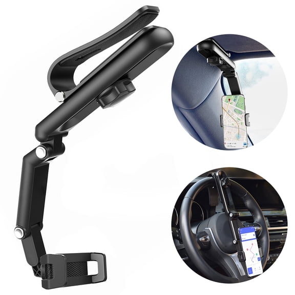 Car Phone Holder Mount, 360 Adjustable Sun Visor Rearview Mirror Phone Holder, Universal Clip Cell Phone Stand Compatible with 47 Inch Smartphones for Car Navigation and Hands-Free Use