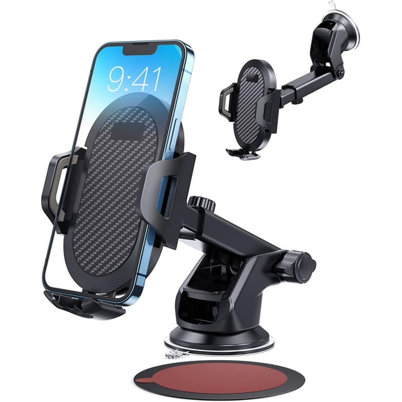 Car Phone Holder Mount, [Strong Suction Cup] [Military Grade Durable] for Windshield and Dashboard, Adjustable Long Arm Compatible with iPhone 16 15 14 Pro Max and All Smartphones, Black
