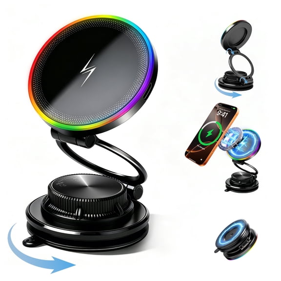 Atzeste for Magsafe Phone Holder for Car 15W Fast Wireless Charging, Magnetic RGB Car Phone Holder, 360° Adjustable Car Phone Mount Accessories, Compatible with iPhone 17 Pro Max 16 15 14 13 12